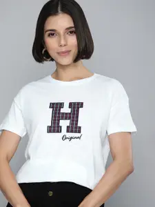 Harvard Women White & Blue Brand Logo Printed Pure Cotton Applique T-shirt
