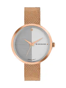 GIORDANO Women Silver-Toned Embellished Dial & Rose Gold Toned Bracelet Style Straps Analogue Watch