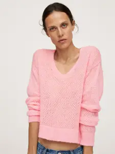 MANGO Women Pink Solid Open Knit Pullover