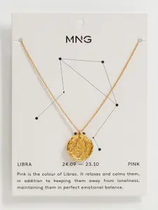 MANGO Gold-Toned & Pink Textured Stone Studded Libra Horoscope Pendant with Chain
