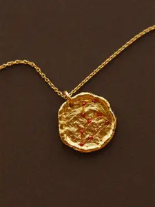 MANGO Gold-Toned & Orange Stone Studded Circular Hammered Link Necklace