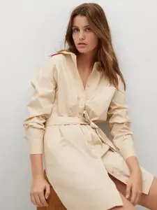 MANGO Cream-Coloured Solid Cotton Shirt Dress