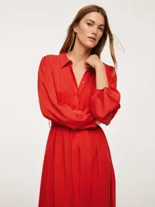 MANGO Red Solid Shirt Midi Dress