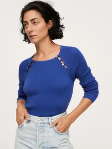 MANGO Women Blue Button Detail Sweater