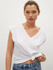 MANGO Women White Pure Cotton Solid V-Neck Pure Cotton T-shirt