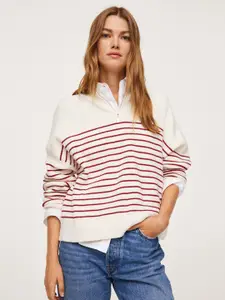 MANGO Women Off White & Red Striped Pullover