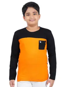 Kiddeo Boys Orange & Black Colourblocked Slim Fit T-shirt