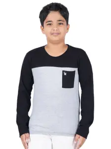Kiddeo Boys Grey Melange & Black Colourblocked Slim Fit T-shirt