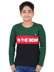 Kiddeo Boys Green & Black Typography Colourblocked Slim Fit T-shirt