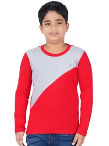 Kiddeo Boys Grey Melange & Red Colourblocked Slim Fit T-shirt