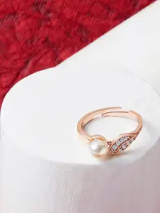 AMI Rose Gold-Plated White CZ-Studded & Pearl Beaded Adjustable Finger Ring