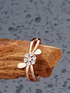 AMI Rose Gold-Plated & White CZ-Studded Adjustable Contemporary Finger Ring