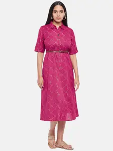 AKKRITI BY PANTALOONS Pink Geometric Printed Pure Cotton Shirt Midi Dress