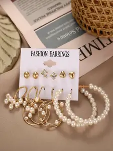 Shining Diva Fashion Combo Set Of 6 Gold-Toned Pearl Earrings