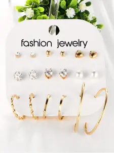 Shining Diva Fashion Combo Set Of 9 Gold-Toned Stud and Hoop Earrings