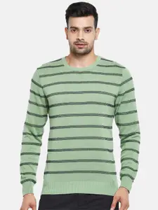 BYFORD by Pantaloons Men Green & Black Pure Cotton Horizontal Striped Pullover Sweater