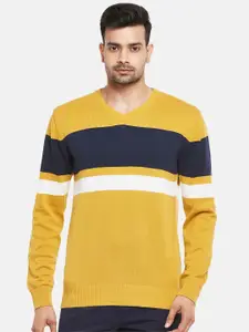 BYFORD by Pantaloons Men Mustard & Navy Blue Pure Cotton Striped Pullover Sweater