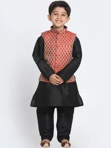 VASTRAMAY Boys Black Solid Silk Blend Regular Kurta With Pyjamas & Nehru Jacket