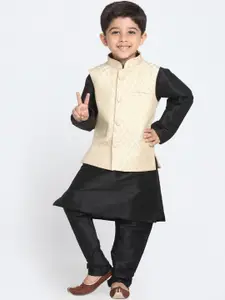 VASTRAMAY Boys Black Regular Kurta & Churidar With Nehru Jacket Set