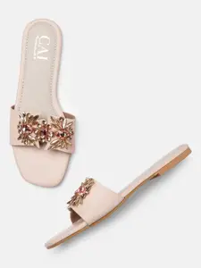 CAI Women Nude-Coloured Embellished Open Toe Flats