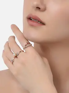 Zaveri Pearls AMI Set Of 3 Rose Gold-Plated White CZ-Studded & Beaded Adjustable Contemporary Finger Rings