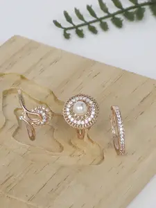 Zaveri Pearls Set Of 3 Rose Gold-Plated White CZ-Studded & Beaded Adjustable Finger Rings