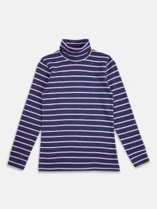 Pantaloons Junior Girls Navy Blue Turtle Neck Striped Sweatshirt