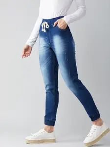 DOLCE CRUDO Women Navy Blue Jogger Mildly Distressed Heavy Fade Stretchable Jeans