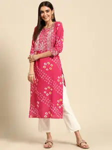 FASHOR Women Pink & White Pure Cotton Bandhani Print Sequin & Mirror Embroidered Kurta