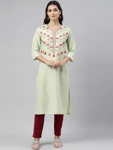 Neerus Women Olive Green & Red Floral Embroidered Kurta