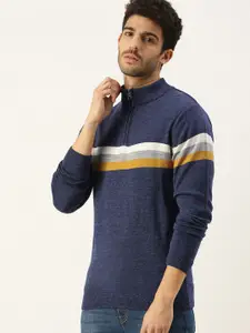 Peter England Men Navy Blue & White Striped Pullover Sweater