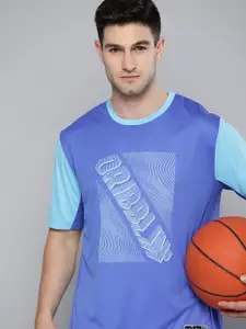 HRX By Hrithik Roshan Men Crystal Blue & Aquarius Typography Rapid-Dry Basketball T-shirt