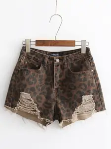 URBANIC Women Brown & Back Animal Printed Pure Cotton Loose Fit Denim Shorts