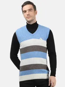 Monte Carlo Men Turquoise Blue & White Woollen Striped Sweater Vest