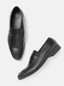 House of Pataudi Men Black Solid Leather Formal Slip-Ons