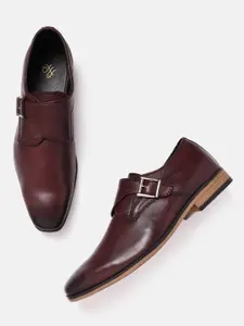 House of Pataudi Men Burgundy Solid Handcrafted Leather Formal Monk Shoes