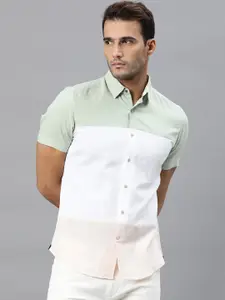 RARE RABBIT Men Olive Green Slim Fit Opaque Colourblocked Casual Shirt