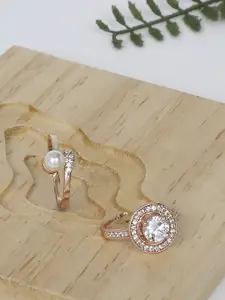 Zaveri Pearls Set Of 2 Rose Gold-Plated Cubic Zirconia Studded Adjustable Finger Ring