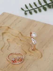 Zaveri Pearls Set Of 2 Rose Gold-Plated & White CZ-Studded Contemporary Finger Rings