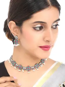 Yellow Chimes Yellow Chimes Women Pink & Green Silver-Plated Oxidised Handcrafted Floral Necklace Set
