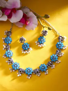 Yellow Chimes Women Blue & Silver-Plated Oxidised Floral Necklace and Earrings