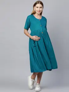 MomToBe Woman Blue Solid Maternity Nursing A-Line Midi Sustainable Dress