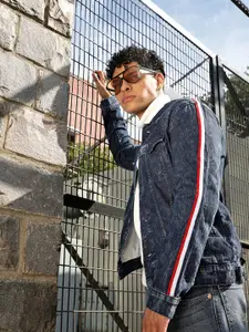 HIGHLANDER Men Blue Washed Denim Jacket with Patchwork