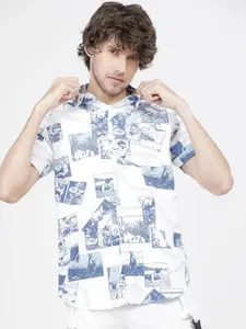 HIGHLANDER Men White Slim Fit Opaque Printed Casual Shirt