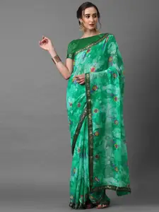 Mitera Women Green Poly Chiffon Floral Printed Saree