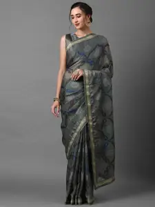 Mitera Women Charcoal Grey Silk Blend Ethnic Motifs Woven Designed Saree