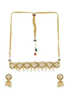 AccessHer Women Gold Brass Kundan Choker And Earrings Jewellery Set