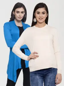KLOTTHE Women Pack of 2 Beige & Blue Self Design Casual Tie-Up Shrug