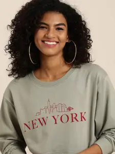 DILLINGER Women Grey Typographic Oversized Sweatshirt