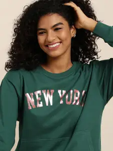 DILLINGER Women Green Typographic Oversized Sweatshirt